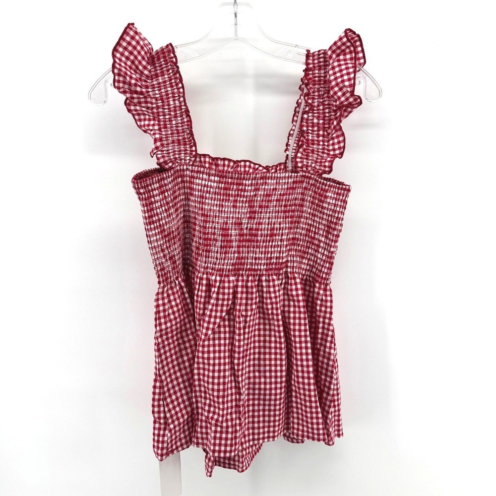 Lomon Gingham Peplum Top Women Large Red White Smocked Ruffle Cottagecore Picnic